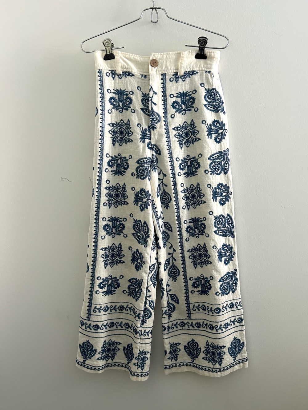 High-Waist Wide Leg Blue & White Printed Linen Pants